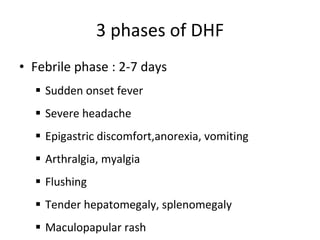 3 phases of DHF Febrile phase : 2-7 days Sudden onset fever Severe headache Epigastric discomfort,anorexia, vomiting Arthralgia, myalgia Flushing Tender hepatomegaly, splenomegaly Maculopapular rash 