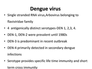 Dengue virus  Single stranded RNA virus,Arbovirus belonging to flaviviridae family 4  antigenically distinct serotypes-DEN 1, 2,3, 4. DEN-1, DEN-2 were prevalent until 1980s DEN-3 is predominant in recent outbreak DEN-4 primarily detected in secondary dengue infections Serotype provides specific life time immunity and short term cross immunity 