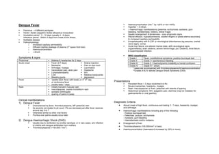 Dengue Fever                                                                                                   Haemoconcentration (Hct ↑ by >20% or Hct >45%)
                                                                                                                        +
                                                                                                               HypoNa < 5 mEq/L
    Flavivirus – 4 different serotypes                                                                         ± Haemorrhagic manifestations (petechia, ecchymosis, epistaxis, gum
    Vector: Aedes aegypti & Aedes albopictus mosquitoes                                                        bleeding, hemetemesis, melena, retinal h’age)
    Incubation period : 3 - 10 days (usually 4 - 6 days).                                                      hepatic enlargement & tenderness – poor prognostic signs
    Infectious period : Within 5 days from onset of the illness.                                               Pleural effusion, hypoalbuminemia, swollen fingers or pedal edema secondary
    Notifiable disease                                                                                         to increased capillary permeability
    Pathophysiology:                                                                                           Encephalopathy with N CSF or neurological disturbances (eg seizures, cranial
          o    Increased capillary permeability                                                                nerve signs, coma)
          o
                                                       rd
               Diffused capillary leakage of plasma (3 space fluid loss)                                       Acute liver failure: a/w altered mental state, abN neurological signs
          o    Haemoconcentration                                                                              (hyperreflexia), brain oedema, severe hemorrhage, pul. Oedema, renal failure
          o    ± shock                                                                                         & superimposed infection.

                                                                                                               WHO classification
Symptoms & signs                                                                                                Grade I        Fever, constitutional symptoms, positive tourniquet test
Prodromal                          Malaise & headaches for 2 days                                               Grade II       Grade I + spontaneous bleeding
Acute onset                        Fever (2-7 days)                    Scleral injection                        Grade III      Grade II + haemodynamic instability w mental confusion
                                   Backache                            Pain on eye movt                         Grade IV       Grade III + shock
                                   Arthralgia, myalgia                 Lacrimation                                 * cases are accompanied with thrombocytopaenia & haemoconcentration
                                   Generalized pain, abdo pain         Headache                                    **Grades III & IV denote Dengue Shock Syndrome (DSS)
                                   Lymphadenopathy                     N/V
                                   LOA                                 Relative bradycardia
                                   Bleeding gums                       depression
                                                                      th th
Fever                              ‘saddle-back’ fever with break on 4 -5 day
                                   or continuous fever                                           Presentations
                                   usually lasts 7 days                                                        Persistent fever > 3 days recalcitrant to Rx
Rash                               initially transient macular rash                                            Severe backaches, headache, myalgia
                                   maculopapular scarlet morbilliform rash                                     Rash: maculopapular or flush; petechial with islands of sparing
                                   spreads centrifugally                                                       Abdominal symptoms: N/V, epigastric pain, diarrhea (may be mistaken for
                                   sparing of palms & soles                                                    gastroenteritis or viral gastritis)


Clinical manifestations
1) Dengue Fever                                                                                  Diagnostic Criteria
              Characterized by fever, thrombocytopenia, MP petechial rash                            • Abrupt onset of high fever, continuous and lasting 2 - 7 days, headache, myalgia
              Dz severity not related to plt count. Plt usu decrease just after fever resolves            and arthralgia.
              around day 5 to 7                                                                      •    Haemorrhagic manifestations including any of the following:
              Otherwise similar to other viral fevers                                                     - Positive tourniquet test
              Pruritus over palms usually occur later                                                     - Petechiae, purpura, ecchymosis
                                                                                                          - Epistaxis, gum bleeding
2) Dengue Haemorrhagic Shock (DHS)                                                                        - Haematemesis and/or melaena
              Usually due to reinfection by another serotype, or in rare cases, a/w infection        •    Enlargement of liver.
              of infants with dengue antibodies from mothers
                                                  3                                                  •                                   2
                                                                                                          Thrombocytopenia (100,000/mm or less).
              Thrombocytopenia (<100,000 / mm )
                                                                                                     •    Haemoconcentration (haematocrit increased by 20% or more)
 