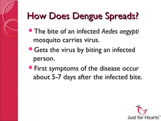 How Does Dengue Spreads?
The  bite of an infected Aedes aegypti
 mosquito carries virus.
Gets the virus by biting an infected
 person.
First symptoms of the disease occur
 about 5-7 days after the infected bite.
 