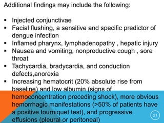 21
Additional findings may include the following:
Injected conjunctivae
Facial flushing, a sensitive and specific predictor of
dengue infection
Inflamed pharynx, lymphadenopathy , hepatic injury
Nausea and vomiting, nonproductive cough , sore
throat
Tachycardia, bradycardia, and conduction
defects,anorexia
Increasing hematocrit (20% absolute rise from
baseline) and low albumin (signs of
hemoconcentration preceding shock), more obvious
hemorrhagic manifestations (>50% of patients have
a positive tourniquet test), and progressive
effusions (pleural or peritoneal)