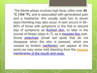 The febrile phase involves high fever, often over 40
°C (104 °F), and is associated with generalized pain
and a headache; this usually lasts two to seven
days.[Vomiting may also occur. A rash occurs in 50–
80% of those with symptoms in the first or second
day of symptoms as flushed skin, or later in the
course of illness (days 4–7), as a measles-like rash.
Some petechiae (small red spots that do not
disappear when the skin is pressed, which are
caused by broken capillaries) can appear at this
point,[ as may some mild bleeding from the mucous
membranes of the mouth and nose.
 