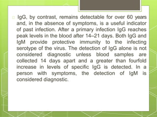 IgG, by contrast, remains detectable for over 60 years
and, in the absence of symptoms, is a useful indicator
of past infection. After a primary infection IgG reaches
peak levels in the blood after 14–21 days. Both IgG and
IgM provide protective immunity to the infecting
serotype of the virus. The detection of IgG alone is not
considered diagnostic unless blood samples are
collected 14 days apart and a greater than fourfold
increase in levels of specific IgG is detected. In a
person with symptoms, the detection of IgM is
considered diagnostic.
 