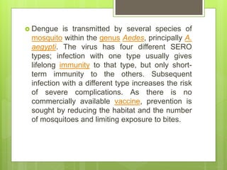  Dengue is transmitted by several species of
mosquito within the genus Aedes, principally A.
aegypti. The virus has four different SERO
types; infection with one type usually gives
lifelong immunity to that type, but only short-
term immunity to the others. Subsequent
infection with a different type increases the risk
of severe complications. As there is no
commercially available vaccine, prevention is
sought by reducing the habitat and the number
of mosquitoes and limiting exposure to bites.
 