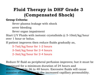 Group Criteria:
Sever plasma leakage with shock
sever bleeding
Sever organ impairment
Start I/V Fluids with isotonic crystalloids @ 5-10ml/kg/hour
over 1 hour or bolus.
If patient improves then reduce fluids gradually as,
5-7ml/kg/hour for 1-2 hours
3-5ml/kg/hour for 2-4 hours
2-3ml/kg/hour for 2-4 hours
Reduce IV fluid as peripheral perfusion improves; but it must be
continued for a minimum duration of 24 hours and
discontinued by 36 to 48 hours. Excessive fluids will cause
massive effusions due to the increased capillary permeability.
 