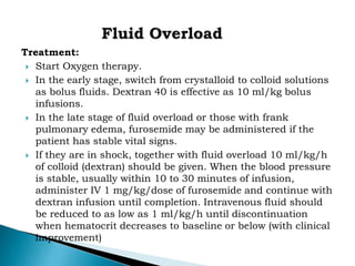 Treatment:
 Start Oxygen therapy.
 In the early stage, switch from crystalloid to colloid solutions
as bolus fluids. Dextran 40 is effective as 10 ml/kg bolus
infusions.
 In the late stage of fluid overload or those with frank
pulmonary edema, furosemide may be administered if the
patient has stable vital signs.
 If they are in shock, together with fluid overload 10 ml/kg/h
of colloid (dextran) should be given. When the blood pressure
is stable, usually within 10 to 30 minutes of infusion,
administer IV 1 mg/kg/dose of furosemide and continue with
dextran infusion until completion. Intravenous fluid should
be reduced to as low as 1 ml/kg/h until discontinuation
when hematocrit decreases to baseline or below (with clinical
improvement)
 