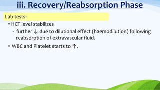 iii. Recovery/Reabsorption Phase
• HCT level stabilizes
- further ↓ due to dilutional effect (haemodilution) following
reabsorption of extravascular fluid.
• WBC and Platelet starts to ↑.
Lab tests:
 