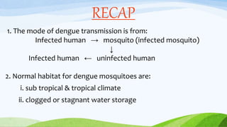 RECAP
1. The mode of dengue transmission is from:
Infected human → mosquito (infected mosquito)
↓
Infected human ← uninfected human
2. Normal habitat for dengue mosquitoes are:
i. sub tropical & tropical climate
ii. clogged or stagnant water storage
 
