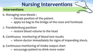 6. Managing nose bleeds :
~ Elevate position of the patient
~ apply ice bag to the bridge of the nose and forehead.
7. Trendelenburg position:
~ restore blood volume to the head
8. Continuous monitoring of blood test results
~ inform doctor immediately for signs of impending shock.
9. Continuous monitoring of intake output chart
~ encourage patient to drink more water
Interventions
Nursing Interventions
 
