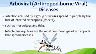 Arboviral (Arthropod-borne Viral)
Diseases
= infections caused by a group of viruses spread to people by the
bite of infected arthropods (insects).
• such as mosquitoes and ticks.
• Infected mosquitoes are the most common type of arthropods
that spread diseases.
 