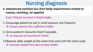 4. Imbalanced nutrition less than body requirements related to
nausea, vomiting, no appetite
Goal: Patient increase in food intake.
1. Encourage patient to eat in small amount, but frequent.
R: Ensure patient has sufficient intake
2. Serve patient’s favourite food if possible.
R: to improve of nutritional intake
3.Measure daily weight at the same time and with the same scale.
R: monitor weight loss due to poor intake
Nursing diagnosis
 