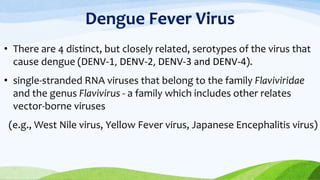 Dengue Fever Virus
• There are 4 distinct, but closely related, serotypes of the virus that
cause dengue (DENV-1, DENV-2, DENV-3 and DENV-4).
• single-stranded RNA viruses that belong to the family Flaviviridae
and the genus Flavivirus - a family which includes other relates
vector-borne viruses
(e.g., West Nile virus, Yellow Fever virus, Japanese Encephalitis virus)
 