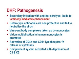 DHF: Pathogenesis
 Secondary infection with another serotype leads to
‘antibody mediated enhancement’
 Heterotypic antibodies are non protective and fail to
neutralise the virus
 Virus-antibody complexes taken up by monocytes
 Virion multiplication in human monocytes is
promoted
 Activation of CD4+ and CD8+ lymphocytes 
release of cytokines
 Complement system activated with depression of
C3 & C5
 