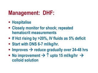 Management: DHF:
 Hospitalise
 Closely monitor for shock; repeated
hematocrit measurements
 If Hct rising by >20%, IV fluids as 5% deficit
 Start with DNS 6-7 ml/kg/hr.
 Improves  reduce gradually over 24-48 hrs
 No improvement   upto 15 ml/kg/hr 
colloid solution
 