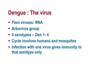 Dengue : The virus
 Flavi viruses: RNA
 Arbovirus group
 4 serotypes – Den 1- 4
 Cycle involves humans and mosquitos
 Infection with one virus gives immunity to
that serotype only
 