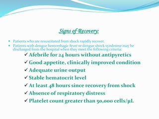 Signs of Recovery:
 Patients who are resuscitated from shock rapidly recover.
 Patients with dengue hemorrhagic fever or dengue shock syndrome may be
discharged from the hospital when they meet the following criteria:
 Afebrile for 24 hours without antipyretics
 Good appetite, clinically improved condition
 Adequate urine output
 Stable hematocrit level
 At least 48 hours since recovery from shock
 Absence of respiratory distress
 Platelet count greater than 50,000 cells/μL
 