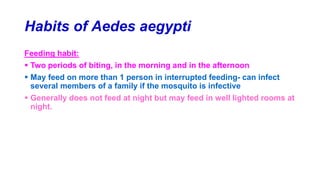 Habits of Aedes aegypti
Feeding habit:
 Two periods of biting, in the morning and in the afternoon
 May feed on more than 1 person in interrupted feeding- can infect
several members of a family if the mosquito is infective
 Generally does not feed at night but may feed in well lighted rooms at
night.
 