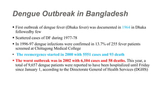 Dengue Outbreak in Bangladesh
 First outbreak of dengue fever (Dhaka fever) was documented in 1964 in Dhaka
followedby few
 Scattered cases of DF during 1977-78
 In 1996-97 dengue infections were confirmed in 13.7% of 255 fever patients
screened at Chittagong Medical College
• The reemergence started in 2000 with 5551 cases and 93 death
 The worst outbreak was in 2002 with 6,104 cases and 58 deaths. This year, a
total of 9,657 dengue patients were reported to have been hospitalized until Friday
since January 1, according to the Directorate General of Health Services (DGHS)
 
