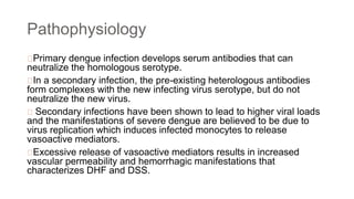 Pathophysiology
Primary dengue infection develops serum antibodies that can
neutralize the homologous serotype.
In a secondary infection, the pre-existing heterologous antibodies
form complexes with the new infecting virus serotype, but do not
neutralize the new virus.
Secondary infections have been shown to lead to higher viral loads
and the manifestations of severe dengue are believed to be due to
virus replication which induces infected monocytes to release
vasoactive mediators.
Excessive release of vasoactive mediators results in increased
vascular permeability and hemorrhagic manifestations that
characterizes DHF and DSS.
 