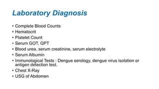 Laboratory Diagnosis
• Complete Blood Counts
• Hematocrit
• Platelet Count
• Serum GOT, GPT
• Blood urea, serum creatinine, serum electrolyte
• Serum Albumin
• Immunological Tests : Dengue serology, dengue virus isolation or
antigen detection test.
• Chest X-Ray
• USG of Abdomen
 