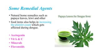 Some Remedial Agents
• Natural home remedies such as
papaya leaves, kiwi and other
• food items also helps in increasing
the platelet count which gets
affected during dengue.
• Acetogenin
• Vit k & C
• Minerals
• Flavonoids
 