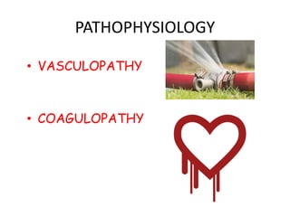 PATHOPHYSIOLOGY
• VASCULOPATHY
• COAGULOPATHY
 