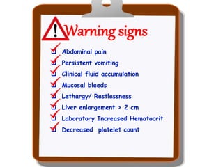 Warning signs
 Abdominal pain
 Persistent vomiting
 Clinical fluid accumulation
 Mucosal bleeds
 Lethargy/ Restlessness
 Liver enlargement > 2 cm
 Laboratory Increased Hematocrit
 Decreased platelet count
 