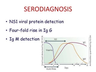 SERODIAGNOSIS
• NS1 viral protein detection
• Four-fold rise in Ig G
• Ig M detection
 