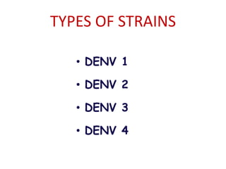 TYPES OF STRAINS
• DENV 1
• DENV 2
• DENV 3
• DENV 4
 