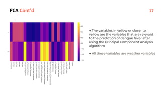 PCA Cont’d
● The variables in yellow or closer to
yellow are the variables that are relevant
to the prediction of dengue fever after
using the Principal Component Analysis
algorithm
● All these variables are weather variables
17
 
