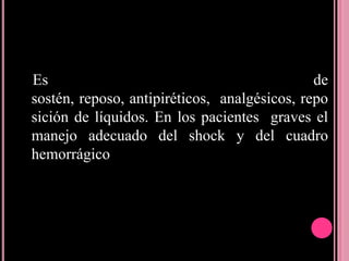 Es                                            de
sostén, reposo, antipiréticos, analgésicos, repo
sición de líquidos. En los pacientes graves el
manejo adecuado del shock y del cuadro
hemorrágico
 