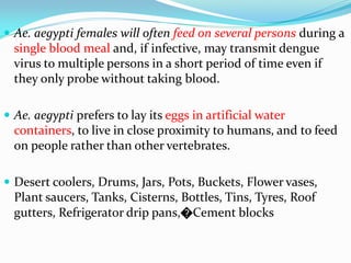  Ae. aegypti females will often feed on several persons during a
single blood meal and, if infective, may transmit dengue
virus to multiple persons in a short period of time even if
they only probe without taking blood.
 Ae. aegypti prefers to lay its eggs in artificial water
containers, to live in close proximity to humans, and to feed
on people rather than other vertebrates.
 Desert coolers, Drums, Jars, Pots, Buckets, Flower vases,
Plant saucers, Tanks, Cisterns, Bottles, Tins, Tyres, Roof
gutters, Refrigerator drip pans,�Cement blocks
 
