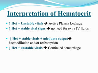 Interpretation of Hematocrit
 ↑ Hct + Unstable vitals  Active Plasma Leakage
 ↑ Hct + stable vital signs  no need for extra IV fluids
 ↓ Hct + stable vitals + adequate output
haemodilution and/or reabsorption
 ↓ Hct + unstable vitals  Continued hemorrhage
 