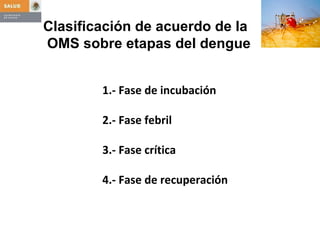 Clasificación de acuerdo de la OMS sobre etapas del dengue 1.- Fase de incubación 2.- Fase febril 3.- Fase crítica 4.- Fase de recuperación 