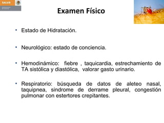 Examen Físico   Estado de Hidratación.  Neurológico: estado de conciencia. Hemodinámico:  fiebre , taquicardia, estrechamiento de TA sistólica y diastólica,  valorar gasto urinario. Respiratorio: búsqueda de datos de aleteo nasal, taquipnea, sindrome de derrame pleural, congestión pulmonar con estertores crepitantes.  