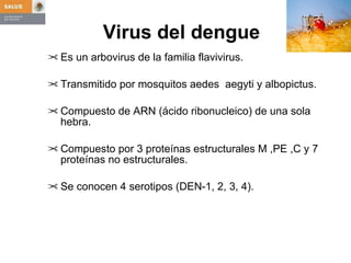 Virus del dengue Es un arbovirus de la familia flavivirus. Transmitido por mosquitos aedes  aegyti y albopictus. Compuesto de ARN (ácido ribonucleico) de una sola hebra. Compuesto por 3 proteínas estructurales M ,PE ,C y 7 proteínas no estructurales. Se conocen 4 serotipos (DEN-1, 2, 3, 4). 