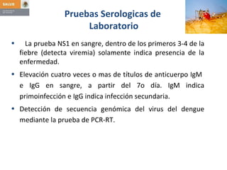 Pruebas Serologicas de  Laboratorio La prueba NS1 en sangre, dentro de los primeros 3-4 de la fiebre (detecta viremia) solamente indica presencia de la enfermedad. Elevación cuatro veces o mas de títulos de anticuerpo IgM  e IgG en sangre, a partir del 7o día. IgM indica primoinfección e IgG indica infección secundaria. Detección de secuencia genómica del virus del dengue mediante la prueba de PCR-RT. 
