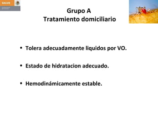 Grupo A  Tratamiento domiciliario Tolera adecuadamente liquidos por VO. Estado de hidratacion adecuado. Hemodinámicamente estable. 