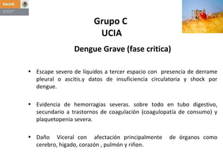 Grupo C  UCIA Dengue Grave   (fase critica) Escape severo de líquidos a tercer espacio con  presencia de derrame pleural o ascitis.y datos de insuficiencia circulatoria y shock por dengue. Evidencia de hemorragias severas. sobre todo en tubo digestivo, secundario a trastornos de coagulación (coagulopatía de consumo) y plaquetopenia severa. Daño  Viceral con  afectación principalmente  de órganos como cerebro, higado, corazón , pulmón y riñon.  