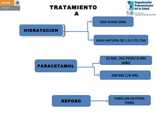 TRATAMIENTO  A HIDRATACION PARACETAMOL REPOSO VIDA SUERO ORAL AGUA NATURAL DE 1 A 2 LTS / DIA 15 MG. /KG PESO/ 8 HRS NIÑO 500 MG C/6 HRS  PABELLON EN ETAPA FEBRIL 