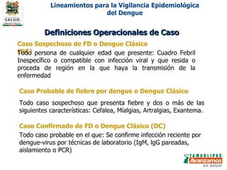 Caso Sospechoso de FD o Dengue Clásico (DC) Definiciones Operacionales de Caso Caso Confirmado de FD o Dengue Clásico (DC) Todo persona de cualquier edad que presente: Cuadro Febril Inespecífico o compatible con infección viral y que resida o proceda de región en la que haya la transmisión de la enfermedad Caso Probable de fiebre por dengue o Dengue Clásico Todo caso sospechoso que presenta fiebre y dos o más de las siguientes características: Cefalea, Mialgias, Artralgias, Exantema. Todo caso probable en el que: Se confirme infección reciente por dengue-virus por técnicas de laboratorio (IgM, lgG pareadas, aislamiento o PCR) Lineamientos para la Vigilancia Epidemiológica del Dengue 