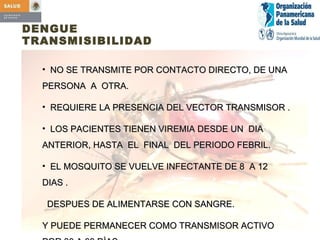 DENGUE TRANSMISIBILIDAD NO SE TRANSMITE POR CONTACTO DIRECTO, DE UNA  PERSONA  A  OTRA. REQUIERE LA PRESENCIA DEL VECTOR TRANSMISOR . LOS PACIENTES TIENEN VIREMIA DESDE UN  DIA  ANTERIOR, HASTA  EL  FINAL  DEL PERIODO FEBRIL. EL MOSQUITO SE VUELVE INFECTANTE DE 8  A 12 DIAS .  DESPUES DE ALIMENTARSE CON SANGRE. Y PUEDE PERMANECER COMO TRANSMISOR ACTIVO POR 30 A 60 DÌAS 