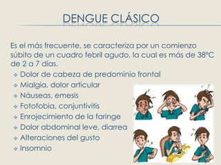 DENGUE CLÁSICO

Es el más frecuente, se caracteriza por un comienzo
súbito de un cuadro febril agudo, la cual es más de 38ºC
de 2 a 7 días.
  Dolor de cabeza de predominio frontal

  Mialgia, dolor articular

  Náuseas, emesis

  Fotofobia, conjuntivitis

  Enrojecimiento de la faringe

  Dolor abdominal leve, diarrea

  Alteraciones del gusto

  Insomnio
 