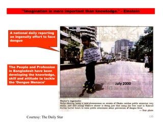 Courtesy: The Daily Star
"Imagination is more important than knowledge." - Einstein
The People and Profession
in Bangladesh have been
developing the knowledge,
skill and attitude to tackle
the ‘Dengue Menace’
A national daily reporting
an ingenuity effort to face
dengue
July 2000
120
 