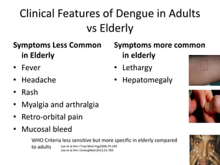 Clinical Features of Dengue in Adults
vs Elderly
Symptoms Less Common
in Elderly
• Fever
• Headache
• Rash
• Myalgia and arthralgia
• Retro-orbital pain
• Mucosal bleed
Symptoms more common
in elderly
• Lethargy
• Hepatomegaly
WHO Criteria less sensitive but more specific in elderly compared
to adults Lee et al Am J Trop Med Hyg2008;79:149
Lee et al Am J EmergMed 2013;31:783
 