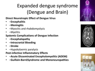 Expanded dengue syndrome
(Dengue and Brain)
Direct Neurotropic Effect of Dengue Virus
• –Encephalitis
• –Meningitis
• –Myositis and rhabdomyolysis
• –Myelitis
Systemic Complications of Dengue Infection
• –Encephalopathy
• –Intracranial Bleeding
• –Stroke
• –Hypokalaemic paralysis
Post-infective Inflammatory Effects
• –Acute Disseminated Encephalomyelitis (ADEM)
• –Guillain-BarréSyndrome and Mononeuropathies
 