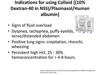 Indications for using Colloid [(10%
Dextran-40 in NSS)/Plasmasol/Human
albumin]
• Signs of fluid overload
• Dyspnea, tachypnea, puffy eyelids,
tense/distended abdomen
• Positive lung signs: crepitation, rhonchi,
wheezing
• Persistent high Hct, 25 - 30%
hemoconcentration for > 4-8 hours.
Siripen Kalayanarroj et al. 2014.Clinical practice guideline of DF/DHF management
of economic community
 