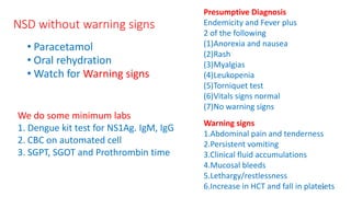 NSD without warning signs
• Paracetamol
• Oral rehydration
• Watch for Warning signs
13
Presumptive Diagnosis
Endemicity a...
