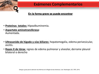 Exámenes Complementarios
Dengue: guías para la atención de enfermos en la Región de las Américas. 2.ed. Washington, DC: OPS, 2016.
En la forma grave se puede encontrar:
• Proteínas totales: Hipoalbuminemia.
• Aspartato aminotransferasa:
Aumentada.
• Ultrasonido de hígado y vías biliares: hepatomegalia, edema perivesicular,
ascitis.
• Rayos X de tórax: signos de edema pulmonar y alveolar, derrame pleural
bilateral o derecho
 