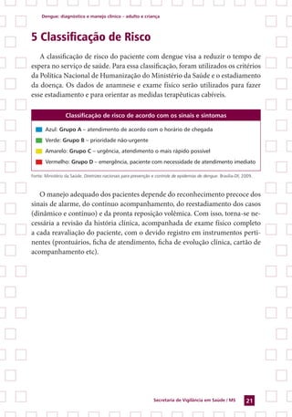 Dengue: diagnóstico e manejo clínico – adulto e criança
Secretaria de Vigilância em Saúde / MS 21
5 Classificação de Risco
A classificação de risco do paciente com dengue visa a reduzir o tempo de
espera no serviço de saúde. Para essa classificação, foram utilizados os critérios
da Política Nacional de Humanização do Ministério da Saúde e o estadiamento
da doença. Os dados de anamnese e exame físico serão utilizados para fazer
esse estadiamento e para orientar as medidas terapêuticas cabíveis.
Classificação de risco de acordo com os sinais e sintomas
Azul: Grupo A – atendimento de acordo com o horário de chegada
Verde: Grupo B – prioridade não-urgente
Amarelo: Grupo C – urgência, atendimento o mais rápido possível
Vermelho: Grupo D – emergência, paciente com necessidade de atendimento imediato
Fonte: Ministério da Saúde. Diretrizes nacionais para prevenção e controle de epidemias de dengue. Brasília-DF, 2009.
O manejo adequado dos pacientes depende do reconhecimento precoce dos
sinais de alarme, do contínuo acompanhamento, do reestadiamento dos casos
(dinâmico e contínuo) e da pronta reposição volêmica. Com isso, torna-se ne-
cessária a revisão da história clínica, acompanhada de exame físico completo
a cada reavaliação do paciente, com o devido registro em instrumentos perti-
nentes (prontuários, ficha de atendimento, ficha de evolução clínica, cartão de
acompanhamento etc).
 